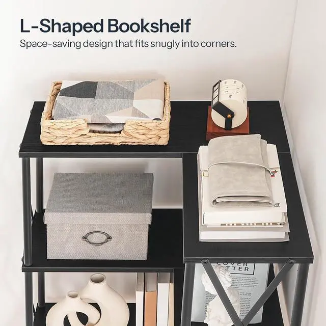Alt view image 6 of 7 - Corner Bookshelf, 5-Tier L-Shaped Bookcase, Industrial Open Display Shelf Tall Storage Organizer, Vertical Storage Rack, for Living Room, Home Office, Black BB60SJ01