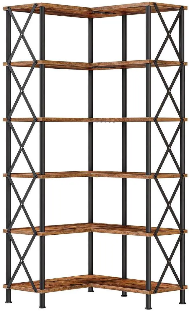 Main image of Corner Bookshelf, 6-Tier L-Shaped Bookcase, Industrial Open Display Shelf Tall Storage Organizer, Vertical Storage Rack, for Living Room, Home Office, Rustic Brown and Black BF61SJ01