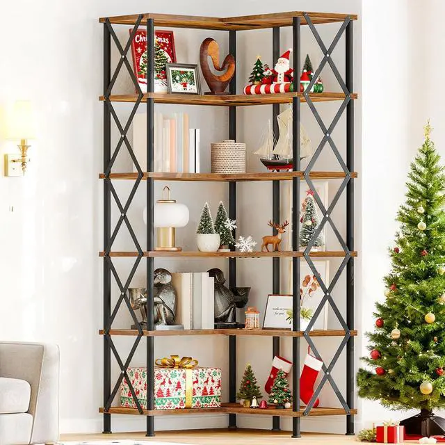 Alt view image 2 of 7 - Corner Bookshelf, 6-Tier L-Shaped Bookcase, Industrial Open Display Shelf Tall Storage Organizer, Vertical Storage Rack, for Living Room, Home Office, Rustic Brown and Black BF61SJ01