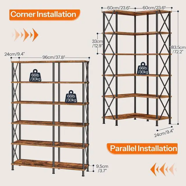 Alt view image 3 of 7 - Corner Bookshelf, 6-Tier L-Shaped Bookcase, Industrial Open Display Shelf Tall Storage Organizer, Vertical Storage Rack, for Living Room, Home Office, Rustic Brown and Black BF61SJ01
