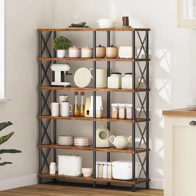 Alt view image 6 of 7 - Corner Bookshelf, 6-Tier L-Shaped Bookcase, Industrial Open Display Shelf Tall Storage Organizer, Vertical Storage Rack, for Living Room, Home Office, Rustic Brown and Black BF61SJ01