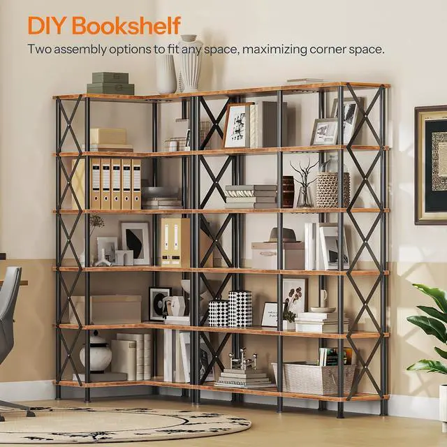 Alt view image 5 of 7 - Corner Bookshelf, 6-Tier L-Shaped Bookcase, Industrial Open Display Shelf Tall Storage Organizer, Vertical Storage Rack, for Living Room, Home Office, Rustic Brown and Black BF61SJ01