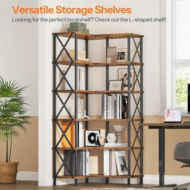 Alt view image 4 of 7 - Corner Bookshelf, 6-Tier L-Shaped Bookcase, Industrial Open Display Shelf Tall Storage Organizer, Vertical Storage Rack, for Living Room, Home Office, Rustic Brown and Black BF61SJ01