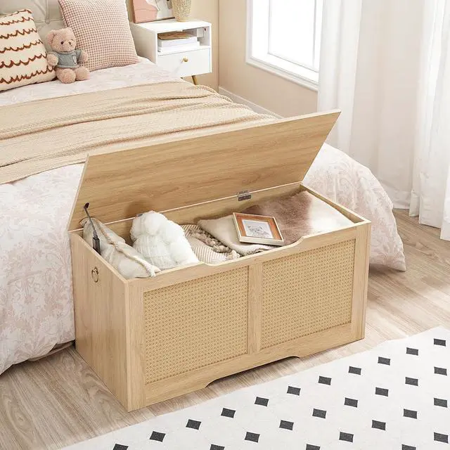 Alt view image 2 of 7 - Storage Bench, 39.3" Toy Box, Rattan-Like Storage Chest, Sturdy Entryway Bench Supports 220 lb, Toy Chest, Safety Hinge, U-Shaped Opening, Easy Assembly, Natural NL11CW01