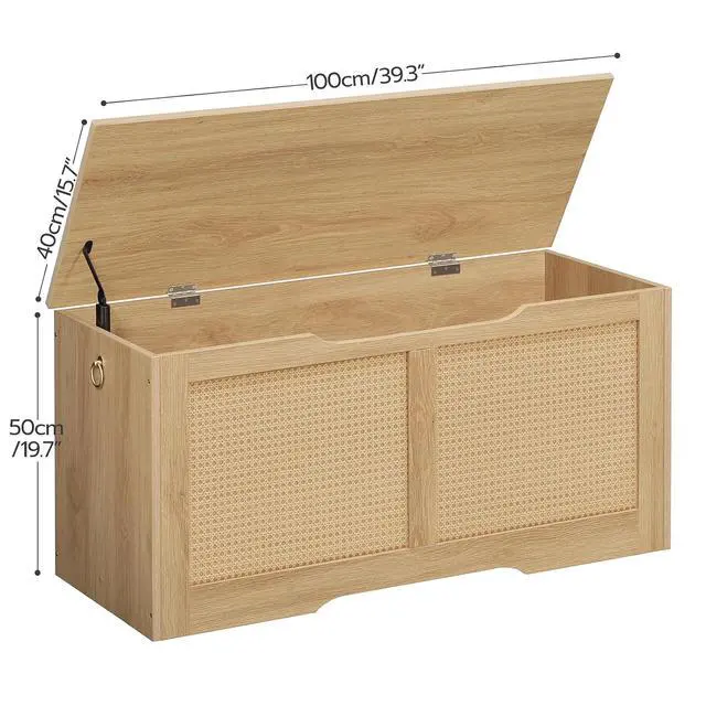 Alt view image 3 of 7 - Storage Bench, 39.3" Toy Box, Rattan-Like Storage Chest, Sturdy Entryway Bench Supports 220 lb, Toy Chest, Safety Hinge, U-Shaped Opening, Easy Assembly, Natural NL11CW01