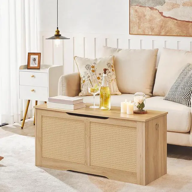 Alt view image 4 of 7 - Storage Bench, 39.3" Toy Box, Rattan-Like Storage Chest, Sturdy Entryway Bench Supports 220 lb, Toy Chest, Safety Hinge, U-Shaped Opening, Easy Assembly, Natural NL11CW01