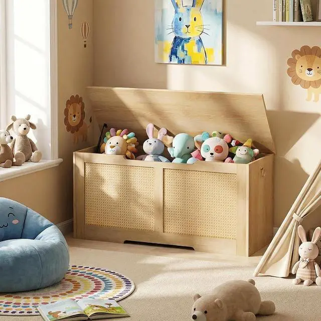 Alt view image 5 of 7 - Storage Bench, 39.3" Toy Box, Rattan-Like Storage Chest, Sturdy Entryway Bench Supports 220 lb, Toy Chest, Safety Hinge, U-Shaped Opening, Easy Assembly, Natural NL11CW01