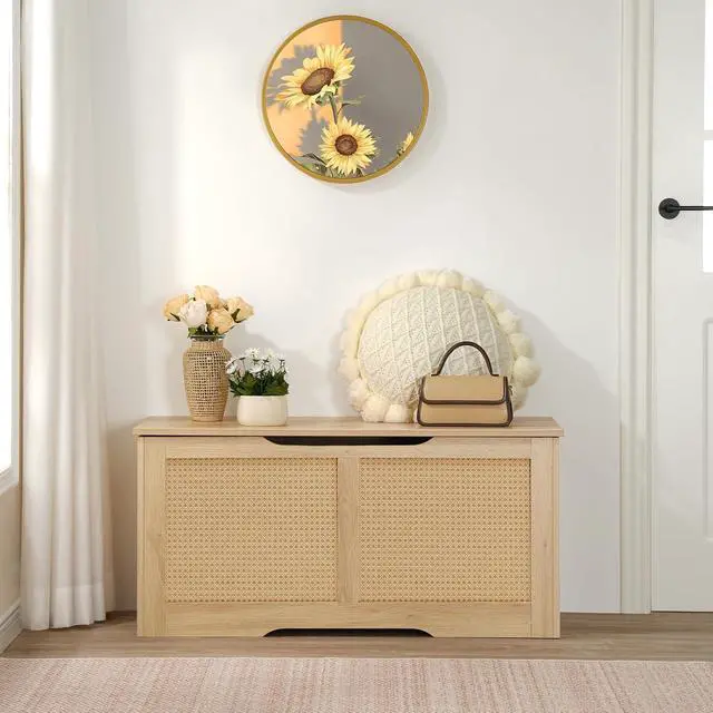 Alt view image 6 of 7 - Storage Bench, 39.3" Toy Box, Rattan-Like Storage Chest, Sturdy Entryway Bench Supports 220 lb, Toy Chest, Safety Hinge, U-Shaped Opening, Easy Assembly, Natural NL11CW01