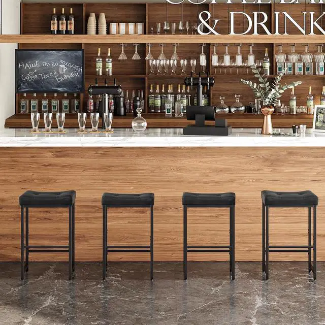 Alt view image 6 of 7 - Bar Stools,25.4" Saddle Stools with PU Upholstery, Counter Height Stools with Footrest, Kitchen Breakfast Chairs, for Dining Room, Cafe, Bar, Black BB23BY01