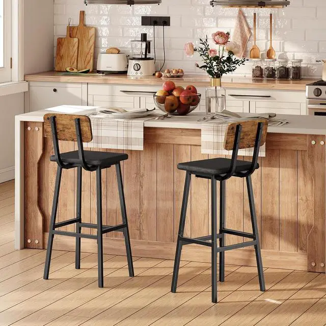 Alt view image 2 of 7 - Black Bar Stools, Set of 2 PU Upholstered Tall Bar Stools, Kitchen Breakfast Stools with Footrests, Bar Chairs, for Kitchen, Dining Room, Bar, Cafe, Rustic Brown and Black BF84BY01G2