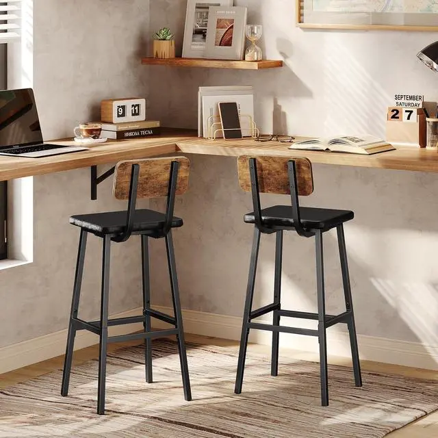 Alt view image 4 of 7 - Black Bar Stools, Set of 2 PU Upholstered Tall Bar Stools, Kitchen Breakfast Stools with Footrests, Bar Chairs, for Kitchen, Dining Room, Bar, Cafe, Rustic Brown and Black BF84BY01G2