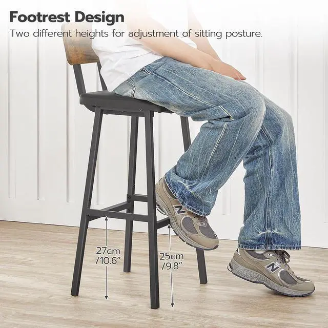 Alt view image 3 of 7 - Black Bar Stools, Set of 2 PU Upholstered Tall Bar Stools, Kitchen Breakfast Stools with Footrests, Bar Chairs, for Kitchen, Dining Room, Bar, Cafe, Rustic Brown and Black BF84BY01G2