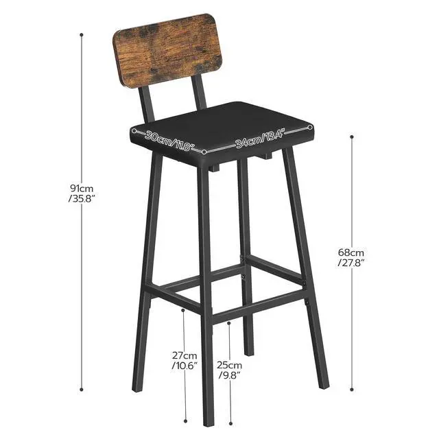 Alt view image 6 of 7 - Black Bar Stools, Set of 2 PU Upholstered Tall Bar Stools, Kitchen Breakfast Stools with Footrests, Bar Chairs, for Kitchen, Dining Room, Bar, Cafe, Rustic Brown and Black BF84BY01G2