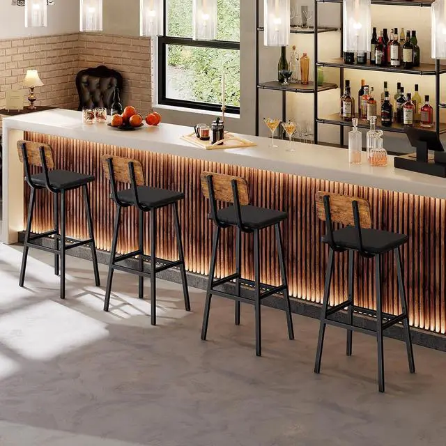 Alt view image 5 of 7 - Black Bar Stools, Set of 2 PU Upholstered Tall Bar Stools, Kitchen Breakfast Stools with Footrests, Bar Chairs, for Kitchen, Dining Room, Bar, Cafe, Rustic Brown and Black BF84BY01G2