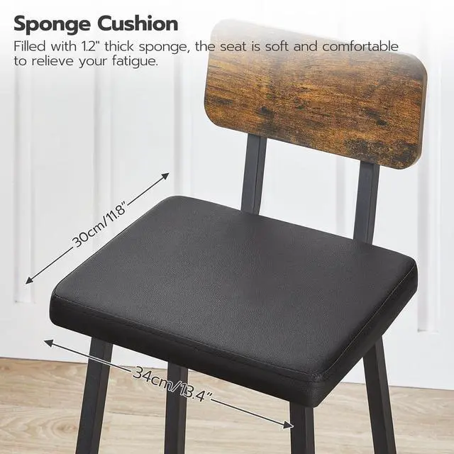Alt view image 7 of 7 - Black Bar Stools, Set of 2 PU Upholstered Tall Bar Stools, Kitchen Breakfast Stools with Footrests, Bar Chairs, for Kitchen, Dining Room, Bar, Cafe, Rustic Brown and Black BF84BY01G2