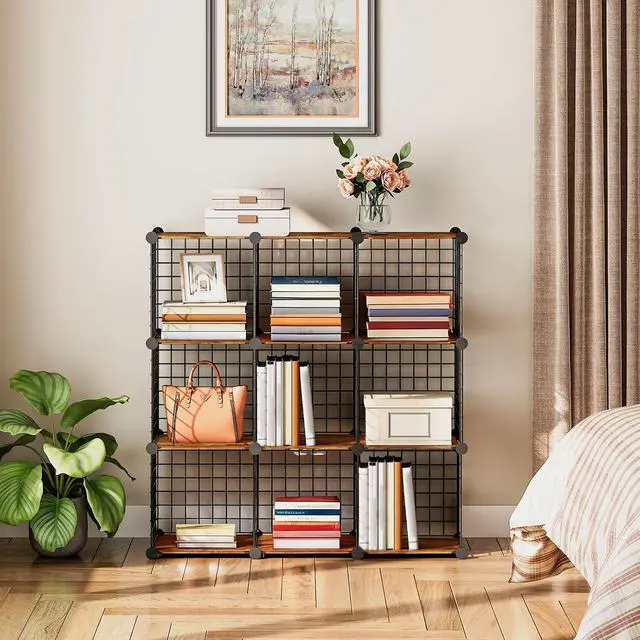 Alt view image 2 of 7 - Wire Cube Storage Organizer, 9-Cube Shelves, Modular Shelves with Metal Grid, DIY Closet Cabinet for Living Room, Bedroom, Rustic Brown and Black BF09CW01