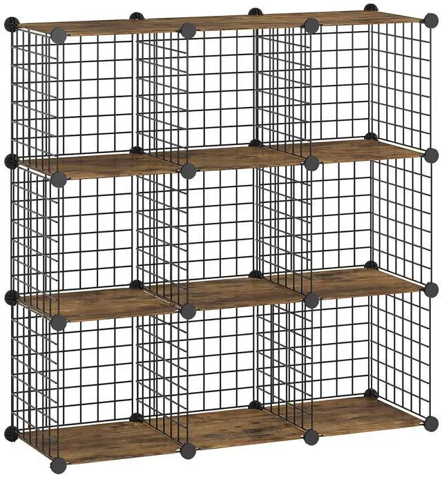 Main image of Wire Cube Storage Organizer, 9-Cube Shelves, Modular Shelves with Metal Grid, DIY Closet Cabinet for Living Room, Bedroom, Rustic Brown and Black BF09CW01