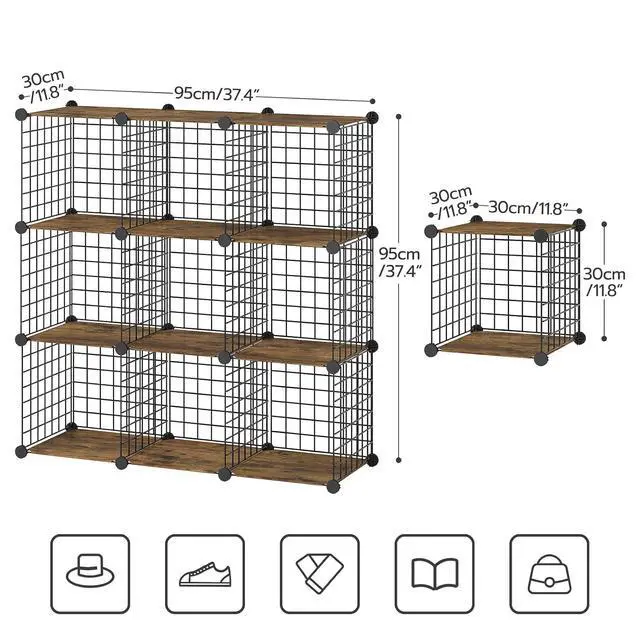 Alt view image 3 of 7 - Wire Cube Storage Organizer, 9-Cube Shelves, Modular Shelves with Metal Grid, DIY Closet Cabinet for Living Room, Bedroom, Rustic Brown and Black BF09CW01