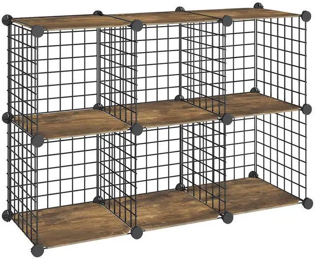 Main image of Wire Cube Storage Organizer, 6-Cube Shelves, Modular Shelves with Metal Grid, DIY Closet Cabinet for Living Room, Bedroom, Rustic Brown and Black BF06CW01