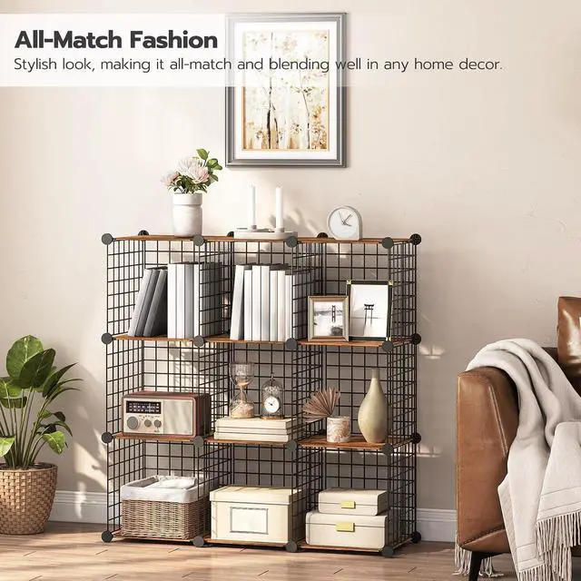 Alt view image 4 of 7 - Wire Cube Storage Organizer, 9-Cube Shelves, Modular Shelves with Metal Grid, DIY Closet Cabinet for Living Room, Bedroom, Rustic Brown and Black BF09CW01