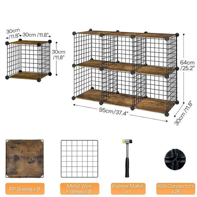 Alt view image 3 of 7 - Wire Cube Storage Organizer, 6-Cube Shelves, Modular Shelves with Metal Grid, DIY Closet Cabinet for Living Room, Bedroom, Rustic Brown and Black BF06CW01