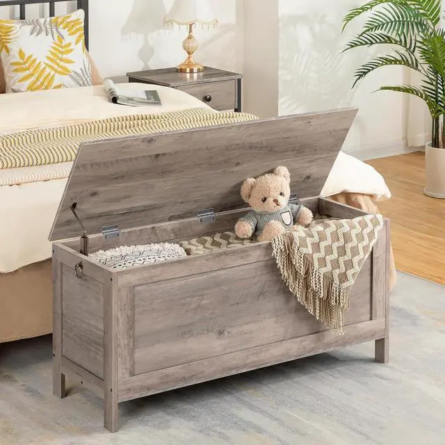 Alt view image 2 of 7 - Toy Box, Retro Wooden Look Storage Chest with Safety Hinge, Entryway Storage Bench Supports 220 lb, 39.4 x 15.7 x 18.9 Inches Toy Chest Organizer, Easy Assembly (Greige) BG100CW01G1