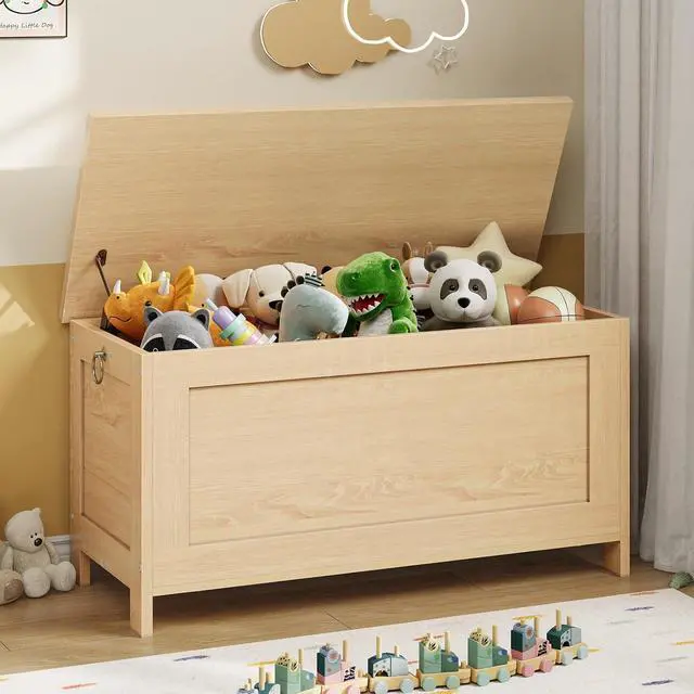 Alt view image 5 of 7 - Toy Box, Retro Wooden Look Storage Chest with Safety Hinge, Entryway Storage Bench Supports 220 lb, 29.9 x 15.7 x 18.9 Inches Toy Chest Organizer, Easy Assembly (Natural) NL75CW01G2