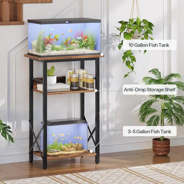 Alt view image 4 of 7 - 10 Gallon Aquarium Stand, 3-Tier Fish Tank Stand with Storage, Reptile Turtle Tank Stand with Metal Frame, 20.5" L x 11" W , Rustic Brown BF52FT01