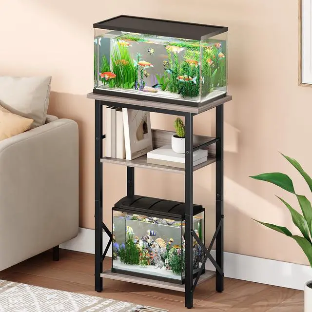 Alt view image 2 of 7 - 10 Gallon Aquarium Stand, 3-Tier Fish Tank Stand with Storage, Reptile Turtle Tank Stand with Metal Frame, 20.5" L x 11" W , Greige BG52FT01