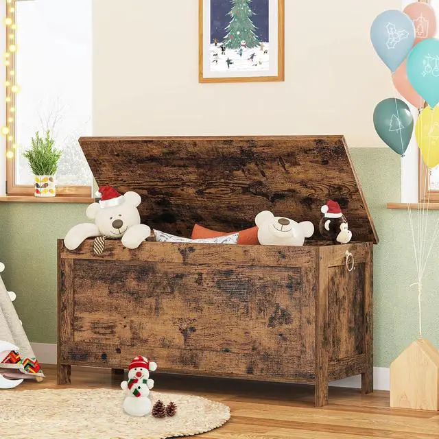 Alt view image 2 of 7 - Toy Box, Retro Wooden Look Storage Chest with Safety Hinge, Entryway Storage Bench Supports 220 lb, 39.4 x 15.7 x 18.9 Inches Toy Chest Organizer, Easy Assembly (Rustic Brown) BF100CW01