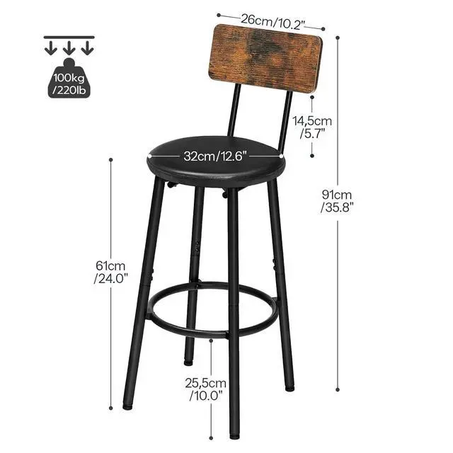 Alt view image 3 of 7 - Bar Stools, Bar Stools Set of 2 with PU Upholstered, Bar Chairs with Footrest and Back, 26" Bar Stools for Kitchen Island, Dining Room, Easy to Assemble, Rustic Brown and Black BF31BY01G2