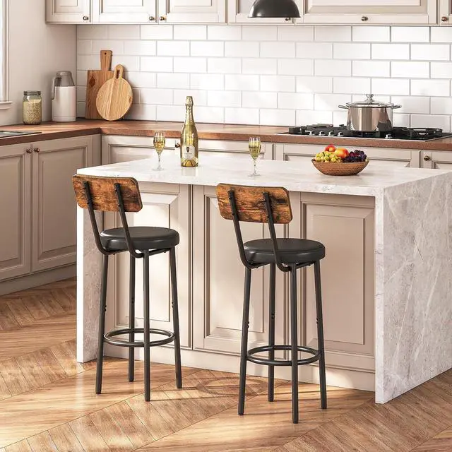 Alt view image 2 of 7 - Bar Stools, Bar Stools Set of 2 with PU Upholstered, Bar Chairs with Footrest and Back, 26" Bar Stools for Kitchen Island, Dining Room, Easy to Assemble, Rustic Brown and Black BF31BY01G2