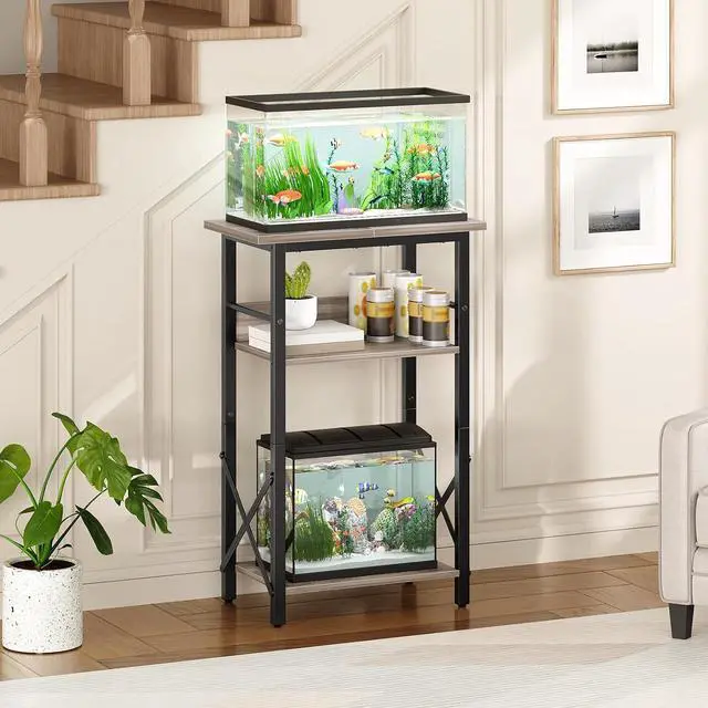 Alt view image 4 of 7 - 10 Gallon Aquarium Stand, 3-Tier Fish Tank Stand with Storage, Reptile Turtle Tank Stand with Metal Frame, 20.5" L x 11" W , Greige BG52FT01