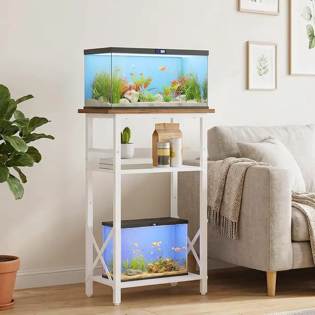 Alt view image 2 of 7 - 10 Gallon Aquarium Stand, 3-Tier Fish Tank Stand with Storage, Reptile Turtle Tank Stand with Metal Frame, 20.5" L x 11" W, Walnut and White WH52FT01