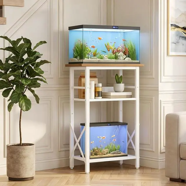 Alt view image 4 of 7 - 10 Gallon Aquarium Stand, 3-Tier Fish Tank Stand with Storage, Reptile Turtle Tank Stand with Metal Frame, 20.5" L x 11" W, Walnut and White WH52FT01