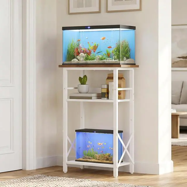 Alt view image 5 of 7 - 10 Gallon Aquarium Stand, 3-Tier Fish Tank Stand with Storage, Reptile Turtle Tank Stand with Metal Frame, 20.5" L x 11" W, Walnut and White WH52FT01