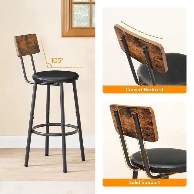 Alt view image 5 of 7 - Bar Stools, Bar Stools Set of 2 with PU Upholstered, Bar Chairs with Footrest and Back, 26" Bar Stools for Kitchen Island, Dining Room, Easy to Assemble, Rustic Brown and Black BF31BY01G2
