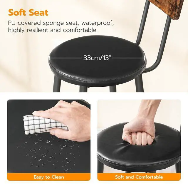 Alt view image 6 of 7 - Bar Stools, Bar Stools Set of 2 with PU Upholstered, Bar Chairs with Footrest and Back, 26" Bar Stools for Kitchen Island, Dining Room, Easy to Assemble, Rustic Brown and Black BF31BY01G2