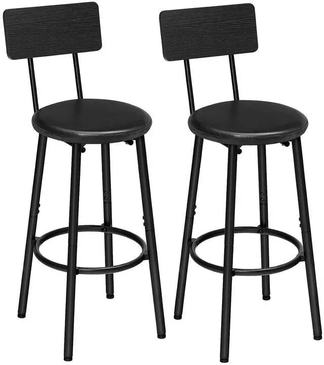 Main image of Bar Stools, Set of 2 Bar Stools with PU Upholstered, Bar Chairs with Footrest and Back, 26" Barstools for Kitchen Island, Dining Room, Easy to Assemble, Black BK31BY01G2
