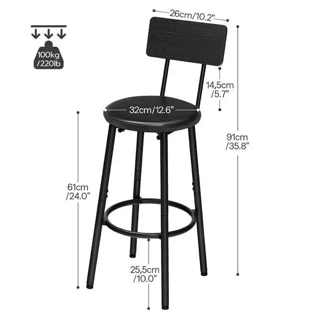 Alt view image 3 of 7 - Bar Stools, Set of 2 Bar Stools with PU Upholstered, Bar Chairs with Footrest and Back, 26" Barstools for Kitchen Island, Dining Room, Easy to Assemble, Black BK31BY01G2