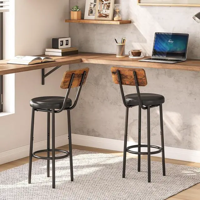 Alt view image 7 of 7 - Bar Stools, Bar Stools Set of 2 with PU Upholstered, Bar Chairs with Footrest and Back, 26" Bar Stools for Kitchen Island, Dining Room, Easy to Assemble, Rustic Brown and Black BF31BY01G2