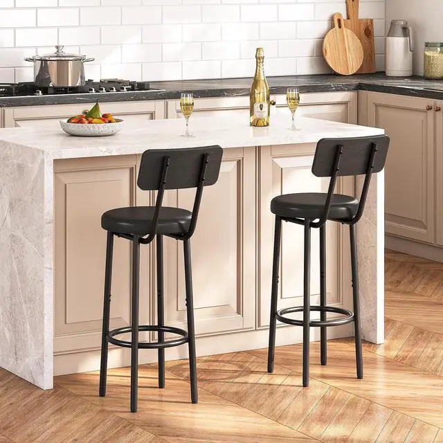 Alt view image 4 of 7 - Bar Stools, Set of 2 Bar Stools with PU Upholstered, Bar Chairs with Footrest and Back, 26" Barstools for Kitchen Island, Dining Room, Easy to Assemble, Black BK31BY01G2