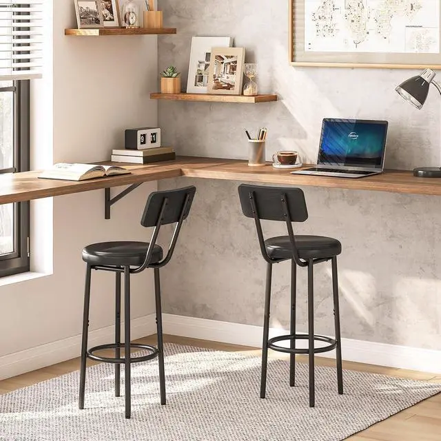 Alt view image 5 of 7 - Bar Stools, Set of 2 Bar Stools with PU Upholstered, Bar Chairs with Footrest and Back, 26" Barstools for Kitchen Island, Dining Room, Easy to Assemble, Black BK31BY01G2