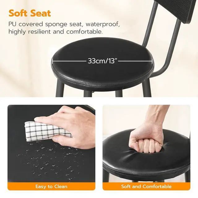 Alt view image 6 of 7 - Bar Stools, Set of 2 Bar Stools with PU Upholstered, Bar Chairs with Footrest and Back, 26" Barstools for Kitchen Island, Dining Room, Easy to Assemble, Black BK31BY01G2