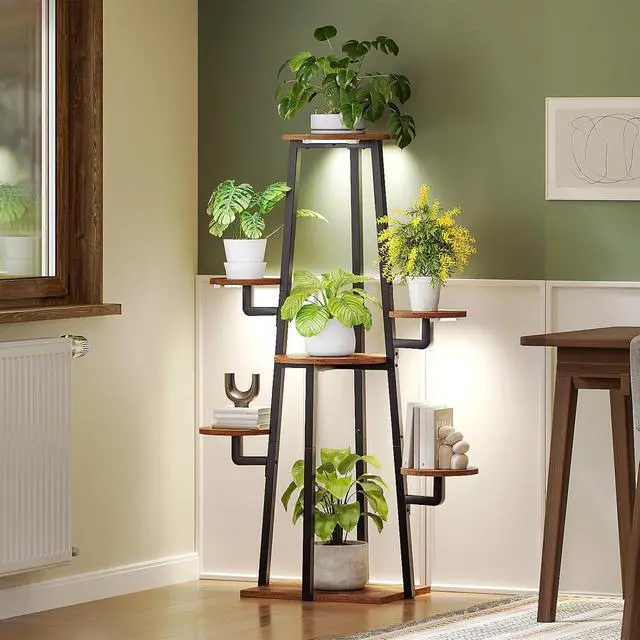 Alt view image 3 of 7 - Plant Stand Indoor with Grow Lights, 7-Tier Plant Shelf for Multiple Indoor Plants, 47.2" Corner Plant Stand Organizer with Metal Frame, for Living Room, Balcony, Patio, Rustic Brown BF04DHJ01