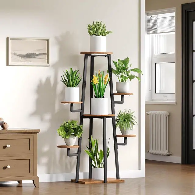 Alt view image 4 of 7 - Plant Stand Indoor with Grow Lights, 7-Tier Plant Shelf for Multiple Indoor Plants, 47.2" Corner Plant Stand Organizer with Metal Frame, for Living Room, Balcony, Patio, Rustic Brown BF04DHJ01