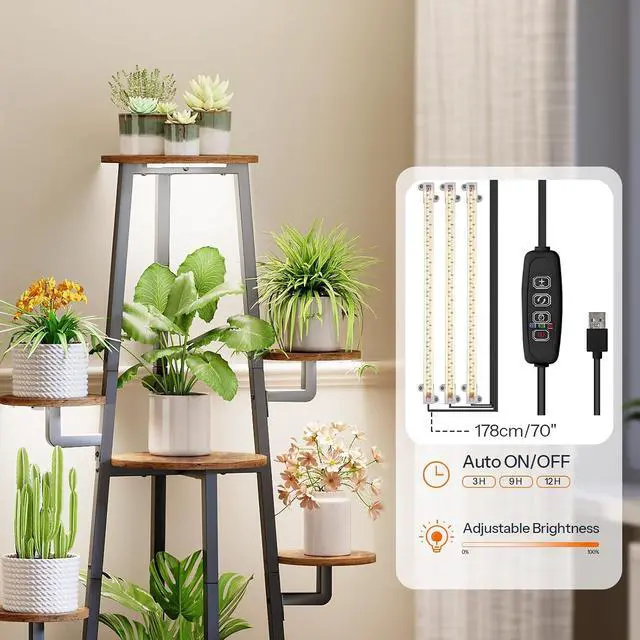 Alt view image 5 of 7 - Plant Stand Indoor with Grow Lights, 7-Tier Plant Shelf for Multiple Indoor Plants, 47.2" Corner Plant Stand Organizer with Metal Frame, for Living Room, Balcony, Patio, Rustic Brown BF04DHJ01