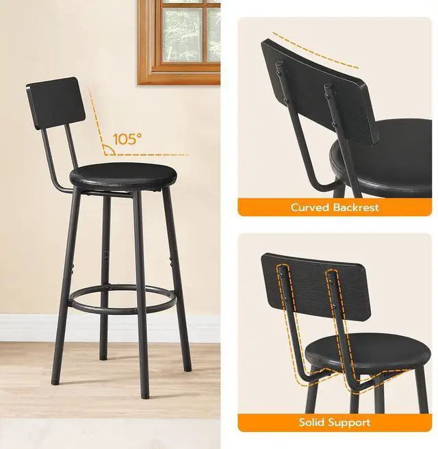 Alt view image 7 of 7 - Bar Stools, Set of 2 Bar Stools with PU Upholstered, Bar Chairs with Footrest and Back, 26" Barstools for Kitchen Island, Dining Room, Easy to Assemble, Black BK31BY01G2