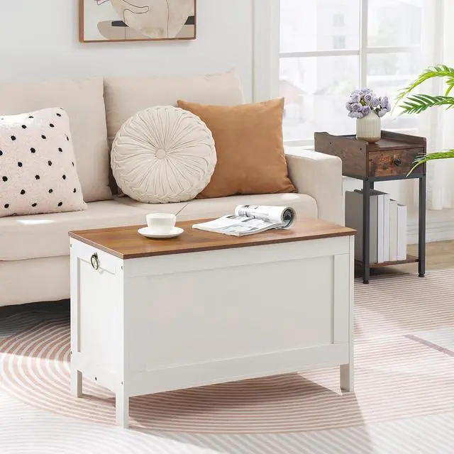 Alt view image 2 of 7 - Toy Box, Retro Wooden Look Storage Chest with Safety Hinge, Entryway Storage Bench Supports 220 lb, 29.9 x 15.7 x 18.9 Inches Toy Chest Organizer, Easy Assembly (White and Walnut) WH75CW01G1