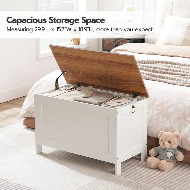 Alt view image 3 of 7 - Toy Box, Retro Wooden Look Storage Chest with Safety Hinge, Entryway Storage Bench Supports 220 lb, 29.9 x 15.7 x 18.9 Inches Toy Chest Organizer, Easy Assembly (White and Walnut) WH75CW01G1